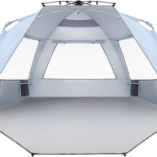 Instant Shader Enhanced Deluxe XL Beach Tent Easy Setup 4-6 Person Popup Sun Shelter 99" Wide for Family UPF 50+ Double Silver Coating with Extended Zippered Porch Sky Blue