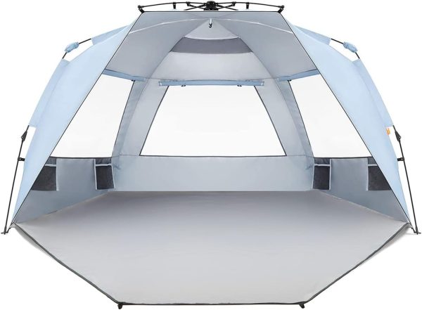 Instant Shader Enhanced Deluxe XL Beach Tent Easy Setup 4-6 Person Popup Sun Shelter 99" Wide for Family UPF 50+ Double Silver Coating with Extended Zippered Porch Sky Blue