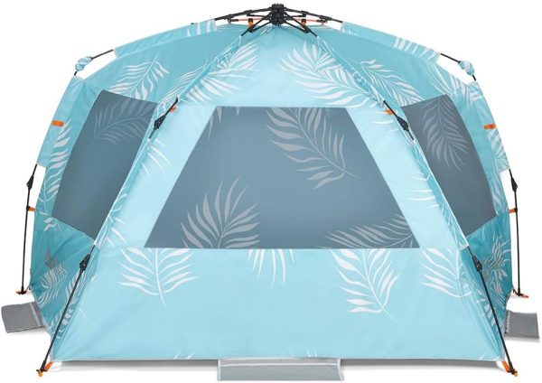 Instant Shader Enhanced (Prints) Deluxe XL Beach Tent 4-6 Person Popup Sun Shelter 99" Wide for Family UPF 50+ Double Silver Coated with Extended Zippered Porch Palm Tree Leaves - Image 2