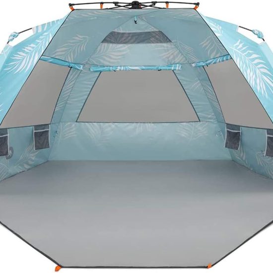 Instant Shader Enhanced (Prints) Deluxe XL Beach Tent 4-6 Person Popup Sun Shelter 99" Wide for Family UPF 50+ Double Silver Coated with Extended Zippered Porch Palm Tree Leaves