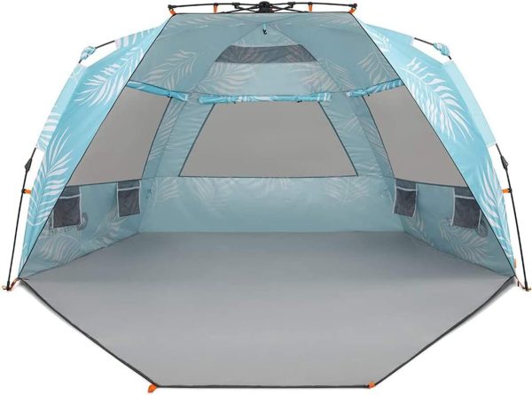 Instant Shader Enhanced (Prints) Deluxe XL Beach Tent 4-6 Person Popup Sun Shelter 99" Wide for Family UPF 50+ Double Silver Coated with Extended Zippered Porch Palm Tree Leaves