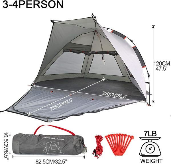 Beach Tent Sun Shelter 3-4 Person Easy Setup Portable Sunshade Canopy Large,Extended Floor,Stakes,Sand Pockets,UPF 50+ Waterproof Windproof Outdoor Camping Fishing Picnic - Image 2