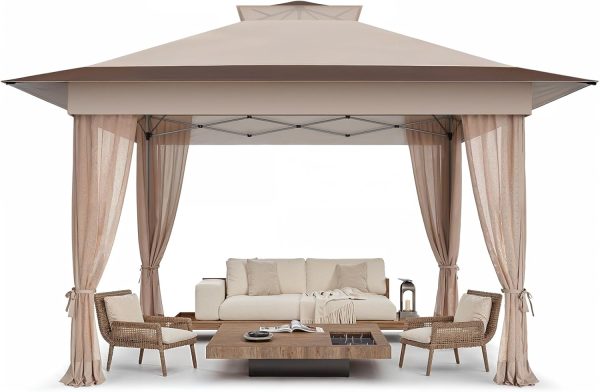 13x13 Pop Up Gazebo, Outdoor Canopy Tent, Instant Screened Shelter with Mosquito Netting for Patio, Garden, Backyard, Party, Camping 3 Height Postions，Beige & Brown