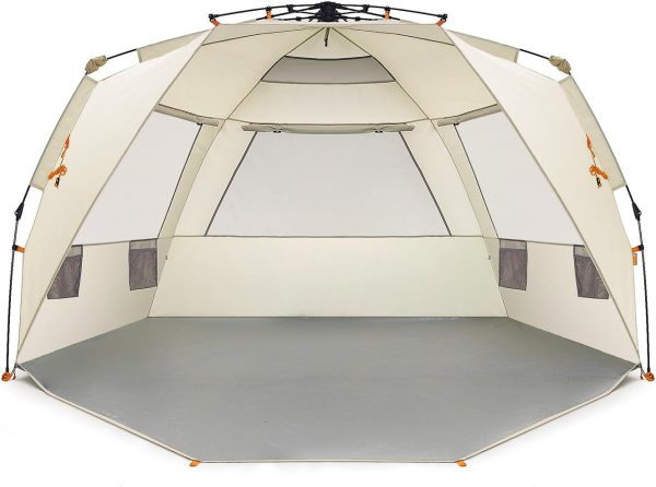 Beach Tent Easy Up 99" Wide for 4-6 Person Sun Shelter - Extended Zippered Porch Included Beige