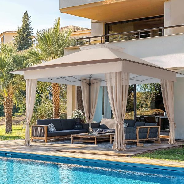 13x13 Pop Up Gazebo, Outdoor Canopy Tent, Instant Screened Shelter with Mosquito Netting for Patio, Garden, Backyard, Party, Camping 3 Height Postions，Beige & Brown - Image 2