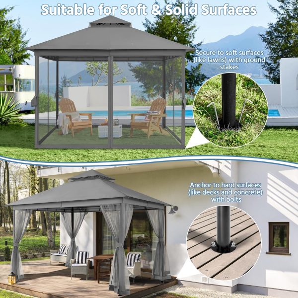 Patio Gazebo - 11x11 ft Outdoor Shelter Tent with Vented Top & Mesh Sidewalls & Drainage Holes, Water-Resistant for Garden/Backyard/Deck/Lawn (Dark Gray) - Image 2