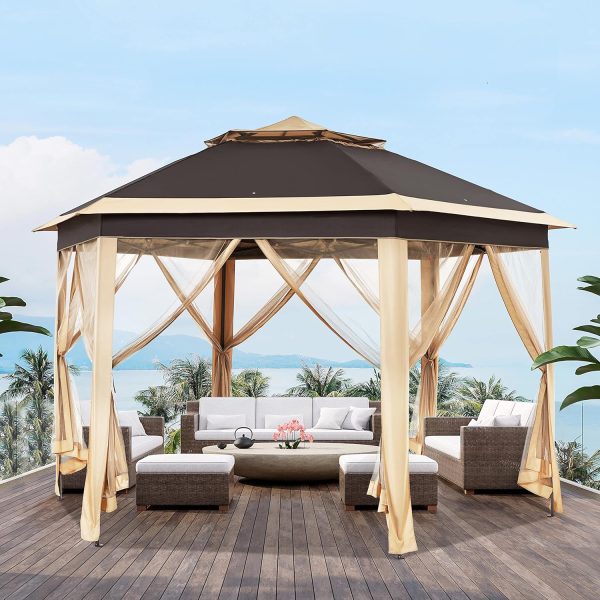 13x13 Pop up Gazebo, Hexagonal Outdoor Canopy Shelter, Instant Patio Gazebo Sun Shade Canopy Tent with Double Tiers & Mesh Netting for Lawn, Garden, Backyard & Deck, Khaki/Brown - Image 2