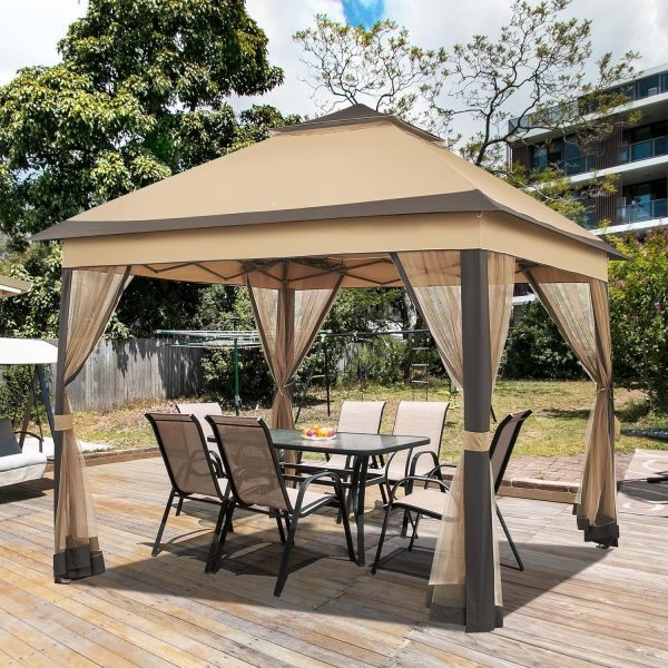 11x11 Pop Up Gazebo Outdoor Canopy Shelter, Instant Patio Gazebo Sun Shade Canopy Tent with 4 Sandbags, Double Tiers & Mesh Netting for Lawn, Garden, Backyard & Deck, Khaki - Image 2